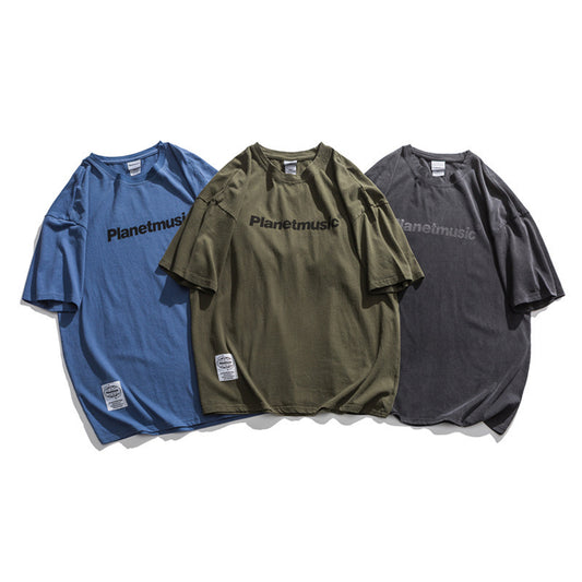 Japanese Retro Dropped Shoulder Letter Print T Shirt Men