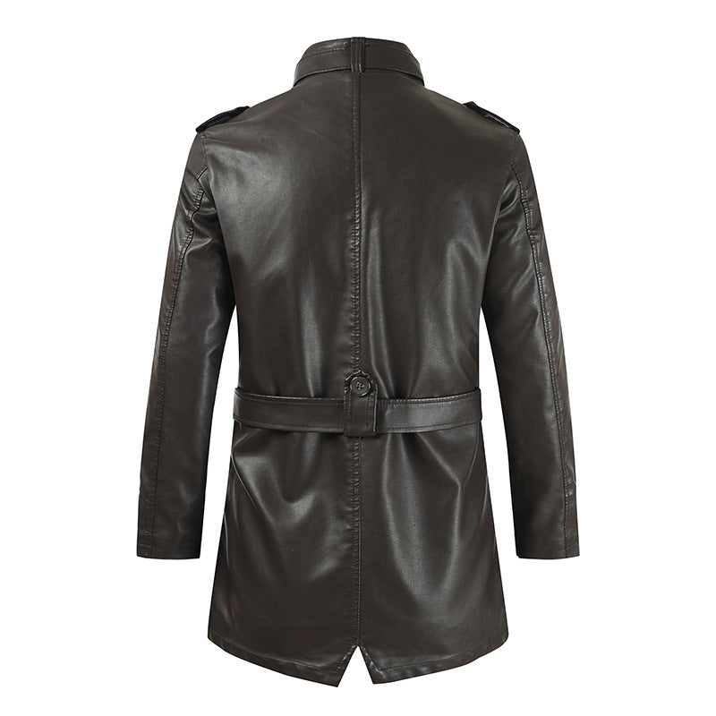 Mens Mid-Length Leather Coat Stand Collar Fleece-Lined Thickened Extended Warmth