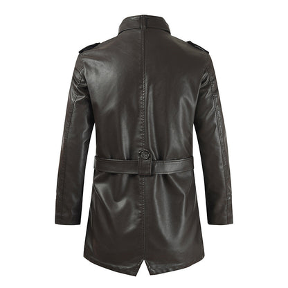 Mens Mid-Length Leather Coat Stand Collar Fleece-Lined Thickened Extended Warmth