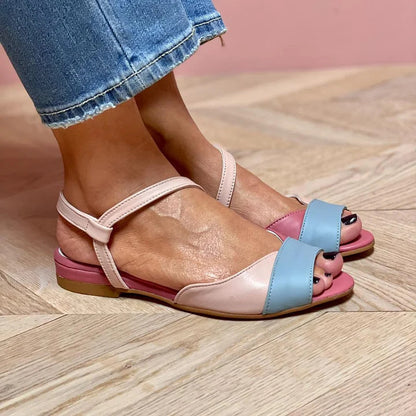 Color Block Open Toe Low Heel Buckle Preppy Style Sandals