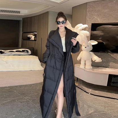 Retro Elegant Lapel Long Lace Up Down Cotton-padded Jacket