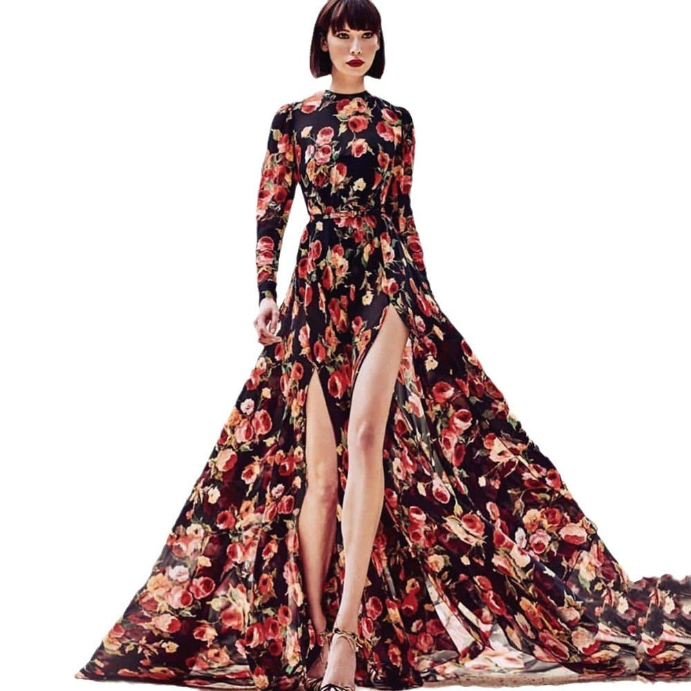 2025 New European And American Foreign Trade Women's Clothing Amazon Printed Large Swing Dress Slit Fashionable Long Dress Beach Dress