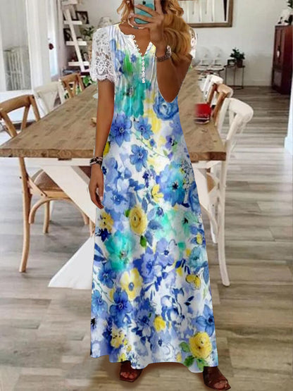 Printed Lace Sleeve Short Sleeve Dress