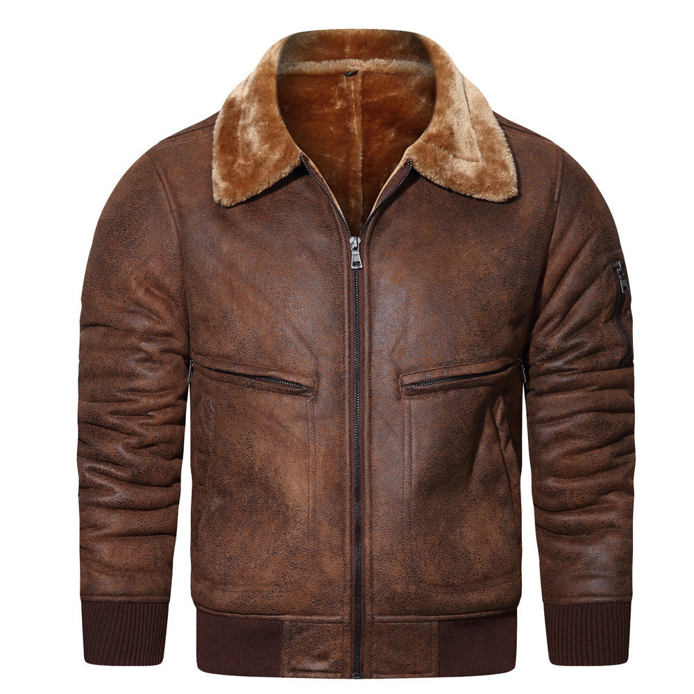 Autumn Winter New Leather Fur Mens Jacket Casual Multi-Pocket Lapel Short Velvet Luxe Utility