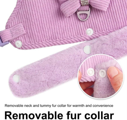 Cute Warm Small Dog Harness And Leash Set With Bow Tie, Soft Padded Puppy Harness With Removable Fur Collar, Adjustable Girl Dog Harness With Quick Release Buckles
