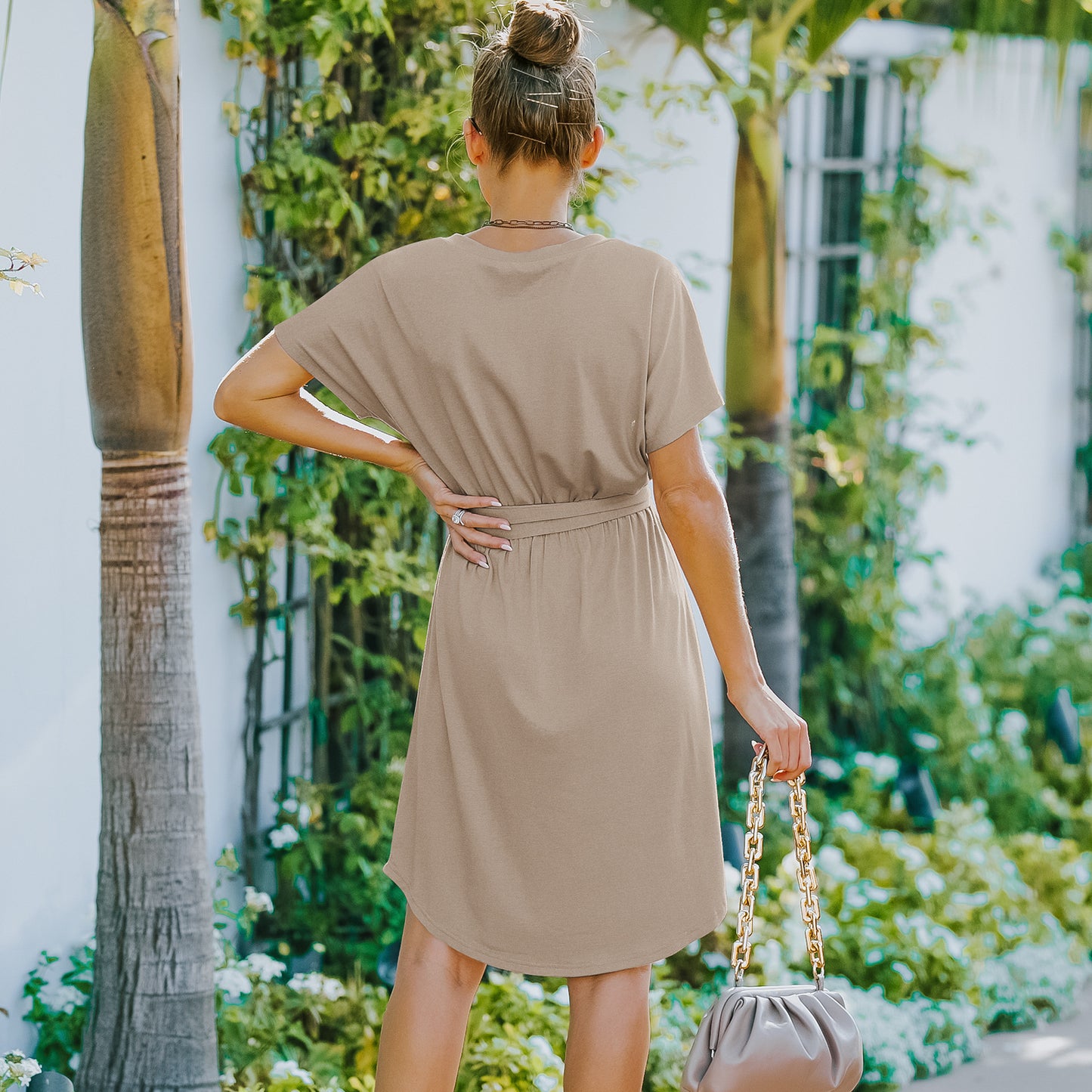 Ladies New V Neck Tie Short Sleeve Dress