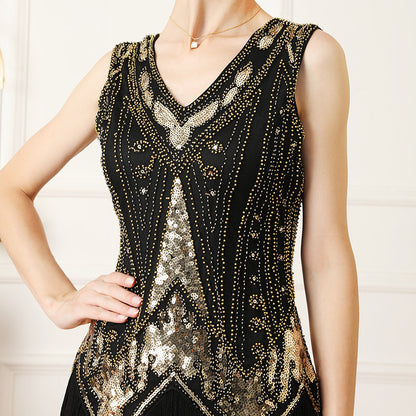 V-neck Sequins Beaded Double-layered Tassel Dress