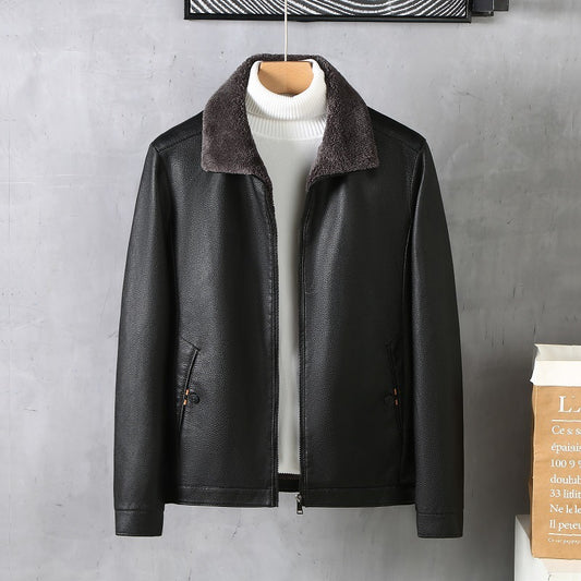 Mens Leather Lapel Fleece Padded Coat Luxe Winter Insulation