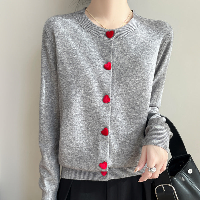 Round Neck Cardigan Red Heart Buckle Sweater For Women
