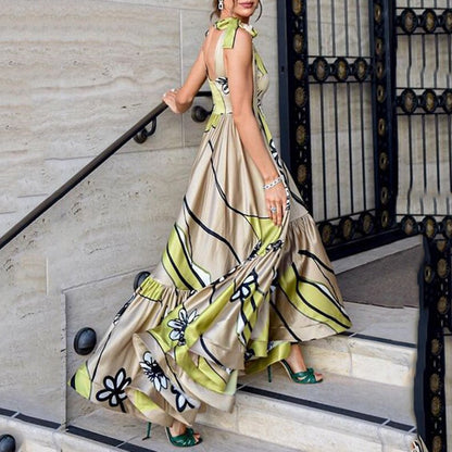 Women's Printed Backless Lace Up Printed Dress