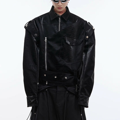 Padded Shoulder PU Leather Coat Deconstruction Design Sense Architectural Boldness