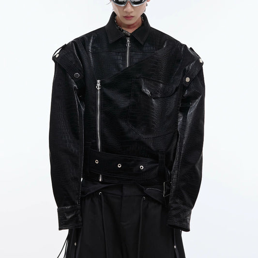 Padded Shoulder PU Leather Coat Deconstruction Design Sense Architectural Boldness