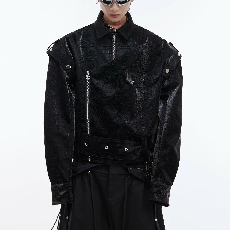 Padded Shoulder PU Leather Coat Deconstruction Design Sense Architectural Boldness