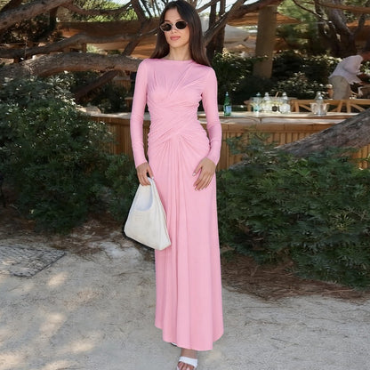 Fashion Temperament Slim Cross Round-neck Long-sleeved Dress