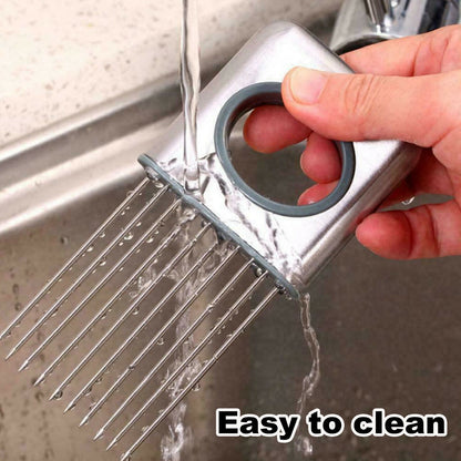 Stainless Steel Onion Holder & Slicer | Safe Tomato & Vegetable Cutting Guide