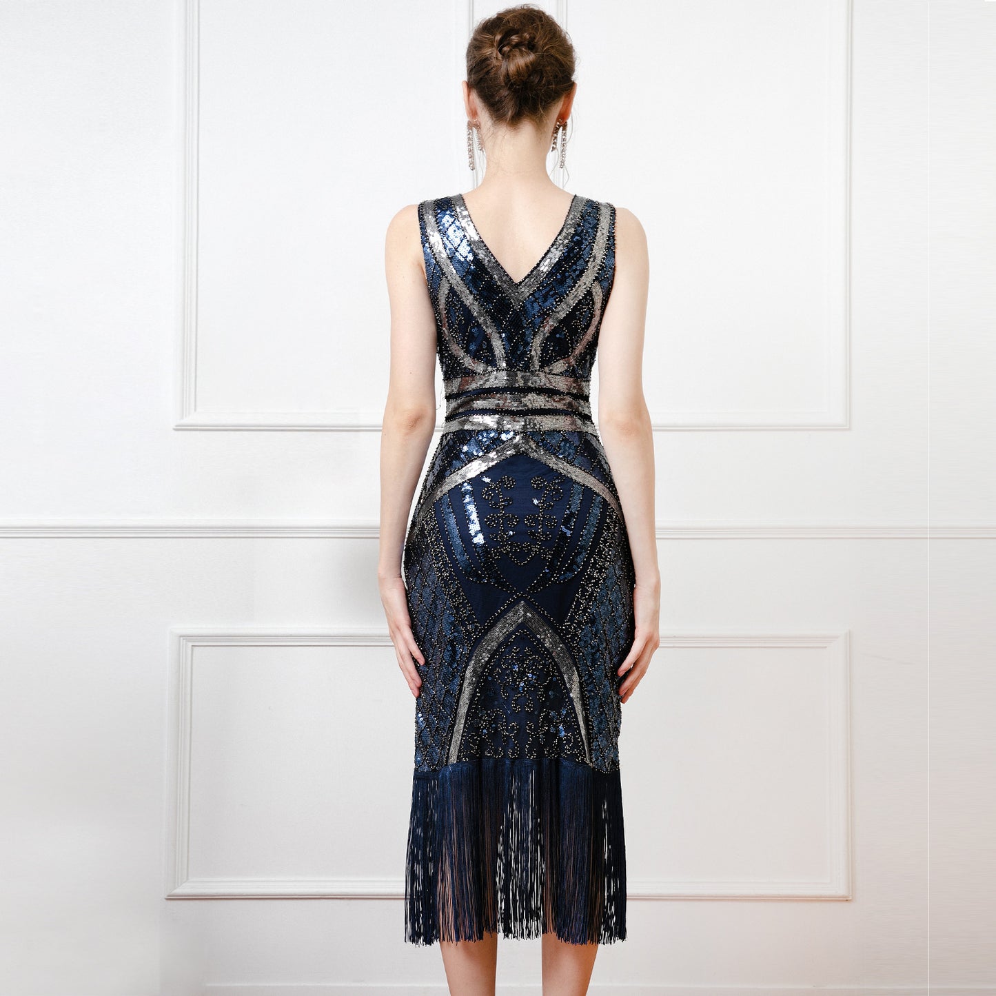 Sexy Sequined Deep V-neck Party Host Performance Wear Cocktail Party Sleeveless Mesh Dress