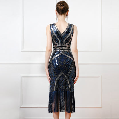 Sexy Sequined Deep V-neck Party Host Performance Wear Cocktail Party Sleeveless Mesh Dress