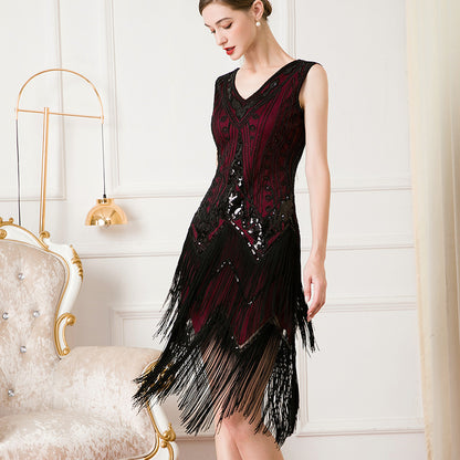 V-neck Sequins Beaded Double-layered Tassel Dress