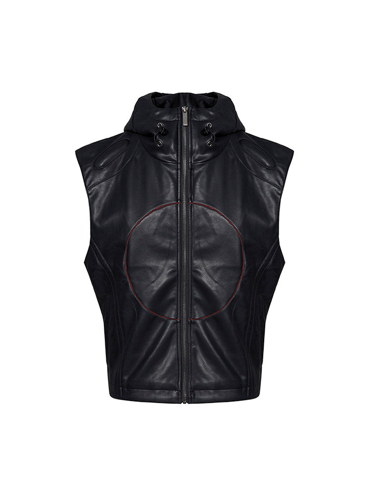 Short Hood Slim Fit Leather Waistcoat Coat Mens Summer Five-Pointed Star PU Edgy Playful