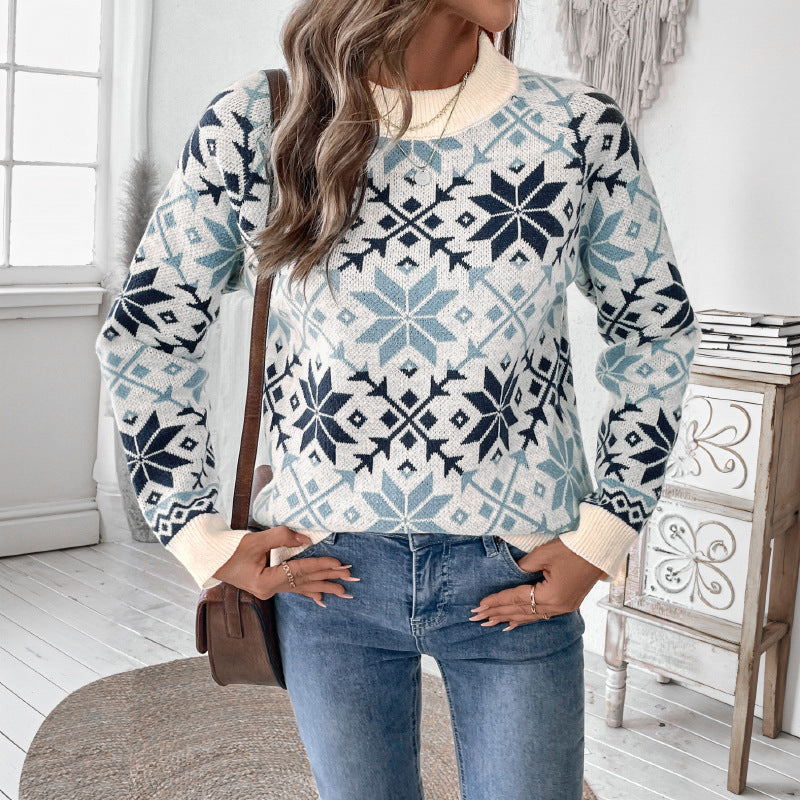 Retro Nordic Style Long Sleeve Round Neck Snowflake Geometric Pattern Sweater