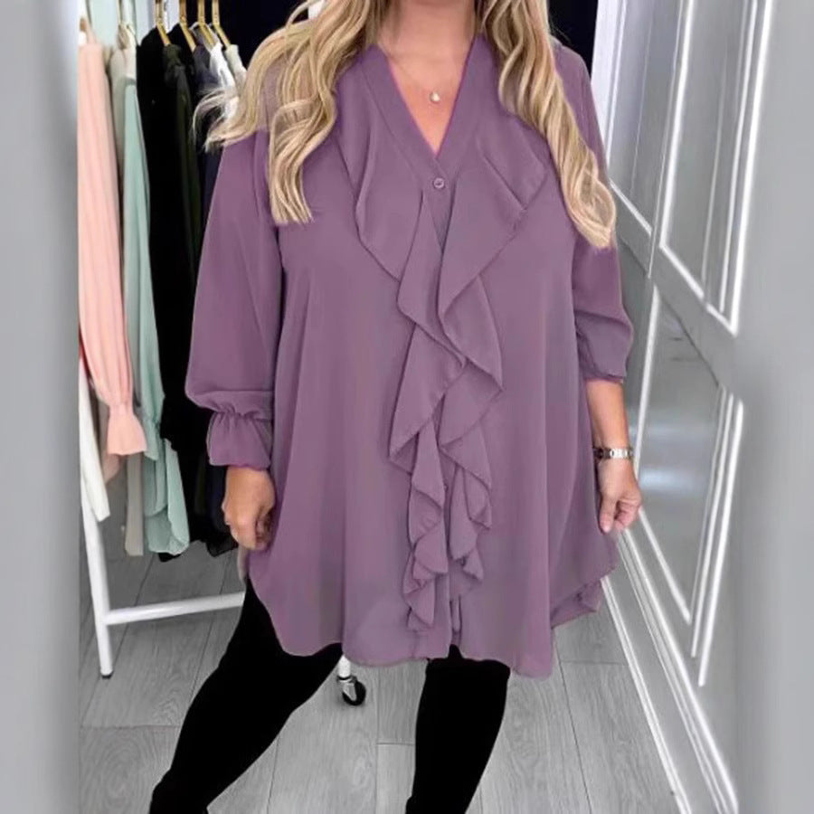 Women's Solid Color Loose Lotus Leaf V-neck Long Sleeve Shirt