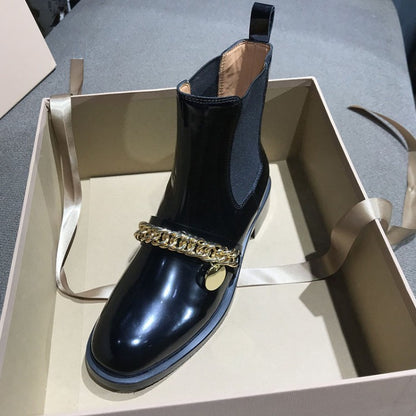 Round toe personality metal chain flat mid-heel women's boots