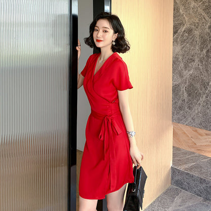 Ladies Fashion Belt Short Sleeve Dress