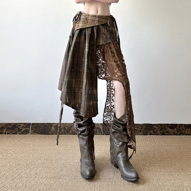 Irregular Design Plaid Stitching Lace Skirt