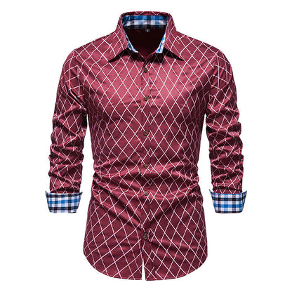 Diamond Check Contrast Color Long Sleeve Fashion Shirt