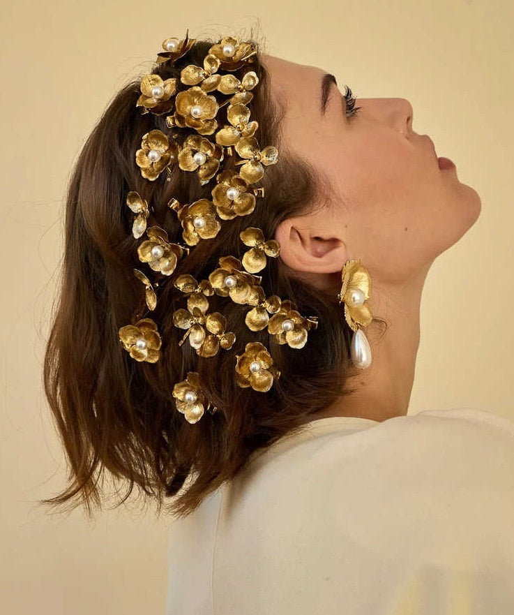 Gold Flower Pearl Barrettes Fashion Bridal Hair Accessories