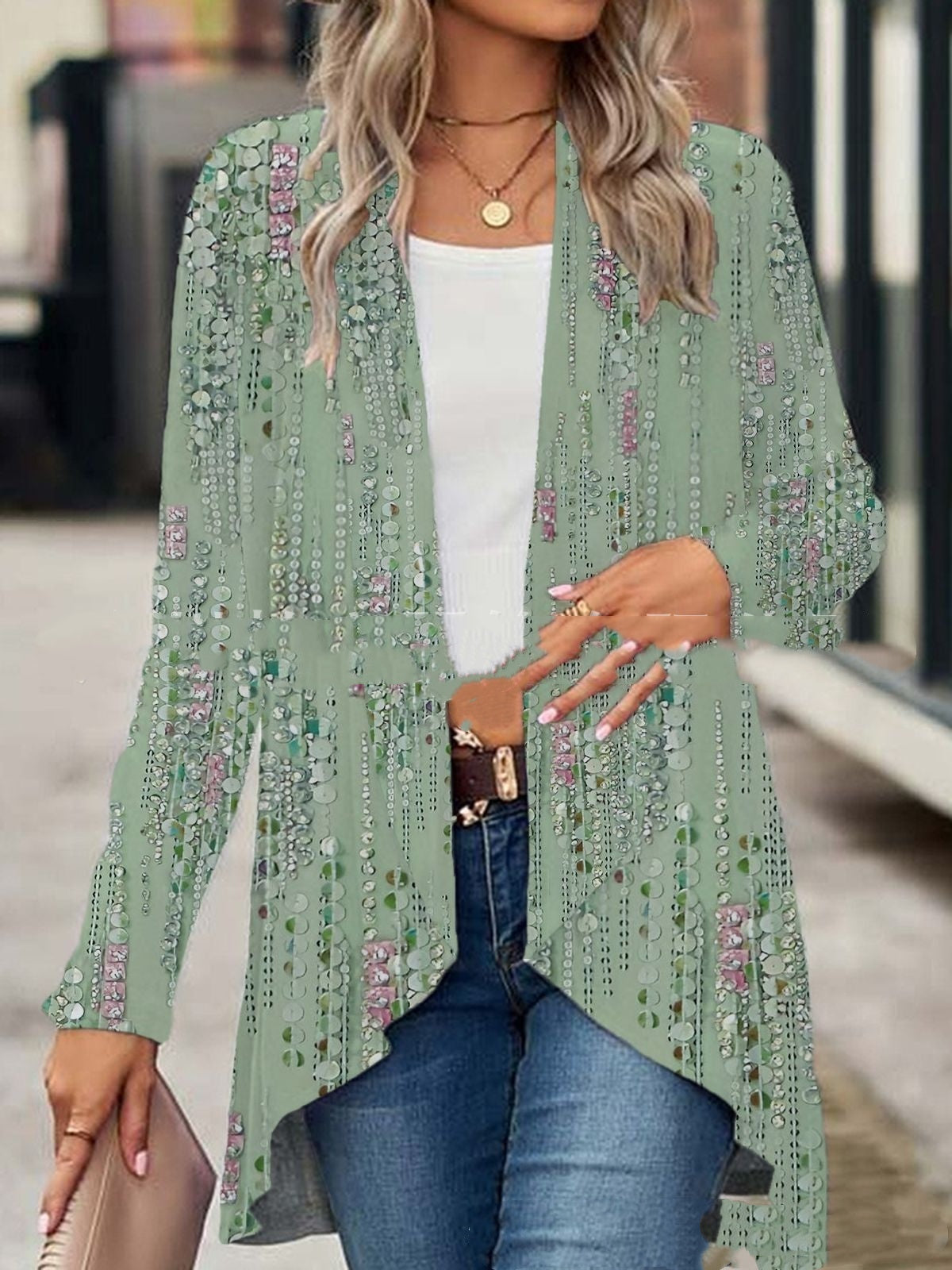 Women's Digital Printed Cardigan Long Sleeve Suit Coat