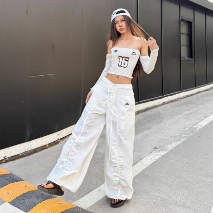 Ruffle Drawstring Lace Letters Embroidered Slacks