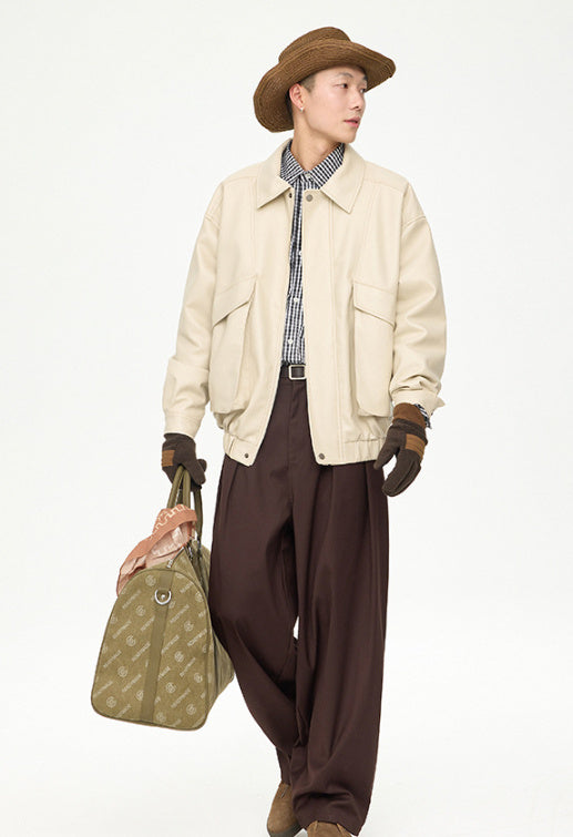 American Retro Street Trend Lapel PU Leather Jacket for Men Cultural Icon