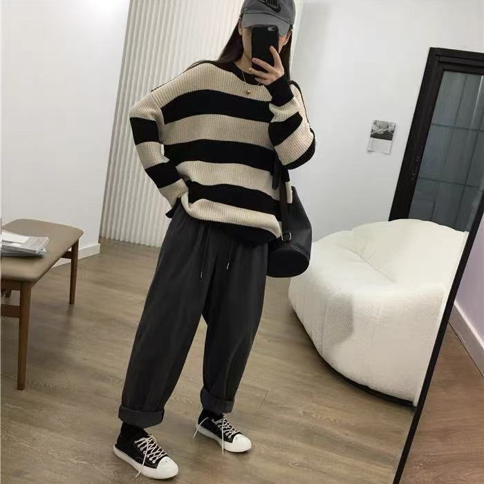 Early Autumn Loose And Lazy Style Striped Sweater For Women