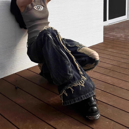 American High Street Design Ripped Jeans Spring And Autumn Retro Distressed Big Pocket