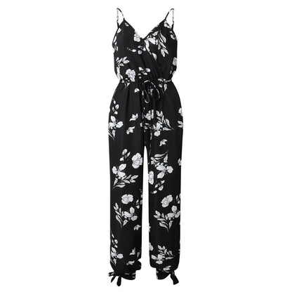 back tether deep V-neck suspender jumpsuit