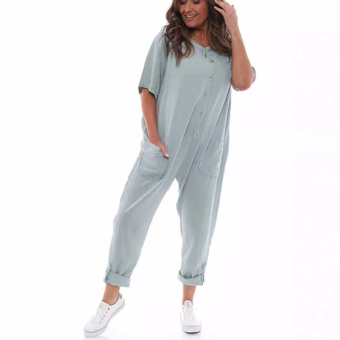 Round Neck Button Mid Waist Pocket Jumpsuit
