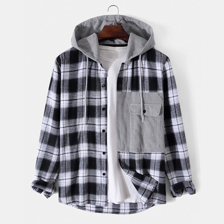 Casual Men's Jacket Plaid Hooded Long Sleeve