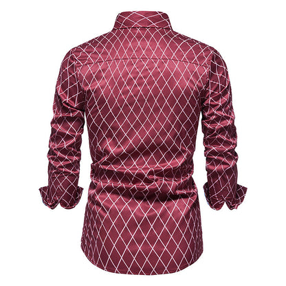 Diamond Check Contrast Color Long Sleeve Fashion Shirt