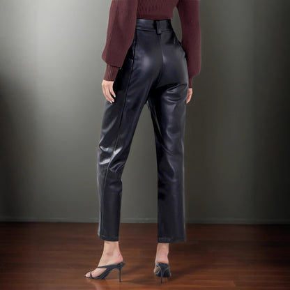 High Waist Matte PU Leather Straight-leg Trousers