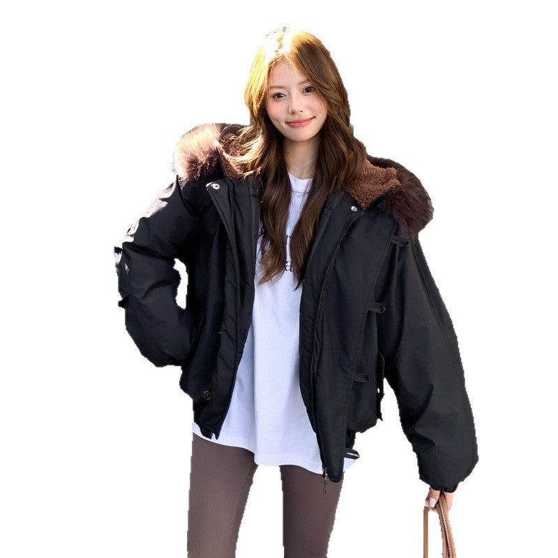 Big Fur Collar Hooded Horn Button Cotton-padded Jacket Women's Casual Loose