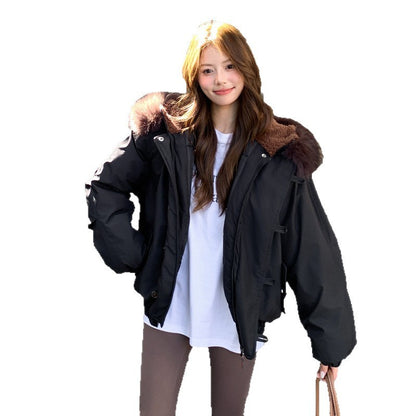 Big Fur Collar Hooded Horn Button Cotton-padded Jacket Women's Casual Loose