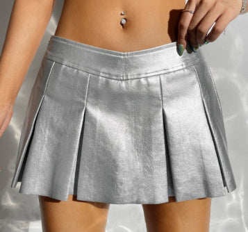 New Bottoms Solid Color PU Leather Pleated Skirt
