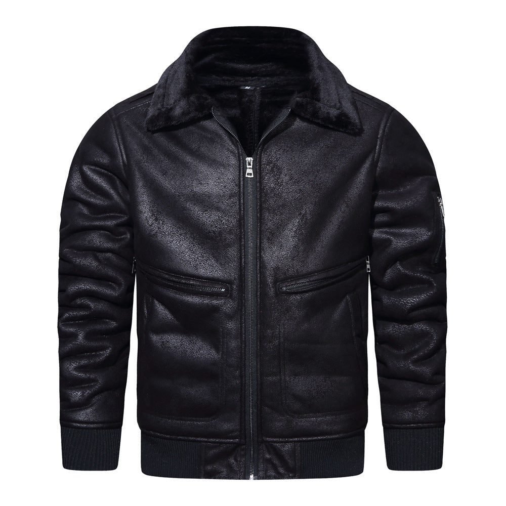 Autumn Winter New Leather Fur Mens Jacket Casual Multi-Pocket Lapel Short Velvet Luxe Utility