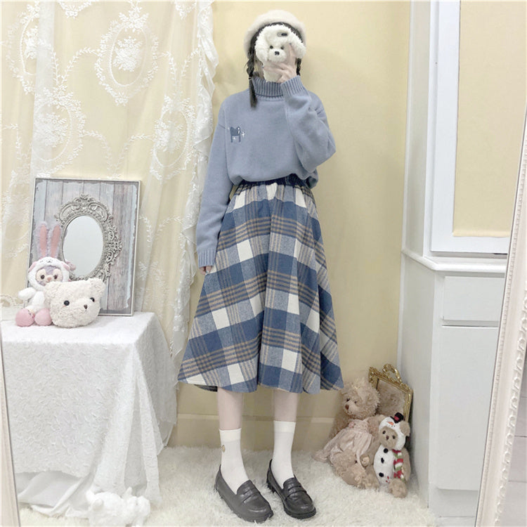 Japanese Woolen Soft Girl Thick Checks Suede All-matching Long Dress