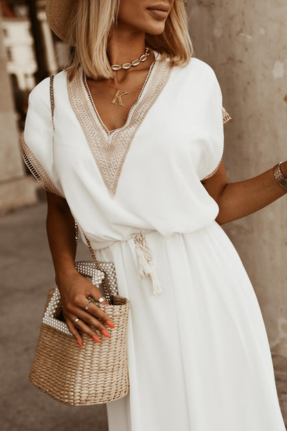 Ladies Fashion Lace Short Sleeve Long Dress