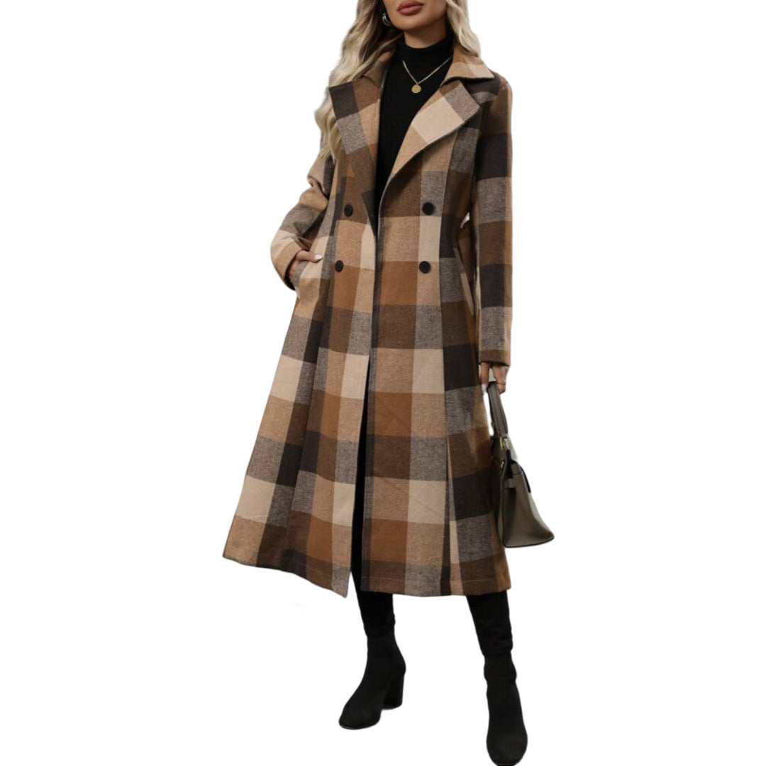 Women's Long Woolen Double-Breasted Coat With Lapel Collar And Belt