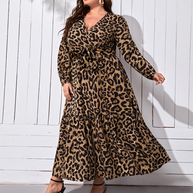 V-neck Leopard Print Printed Casual Long Dress