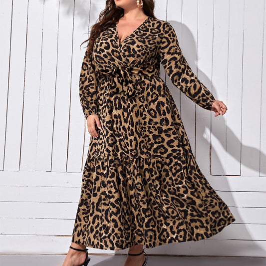 V-neck Leopard Print Printed Casual Long Dress