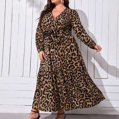 V-neck Leopard Print Printed Casual Long Dress